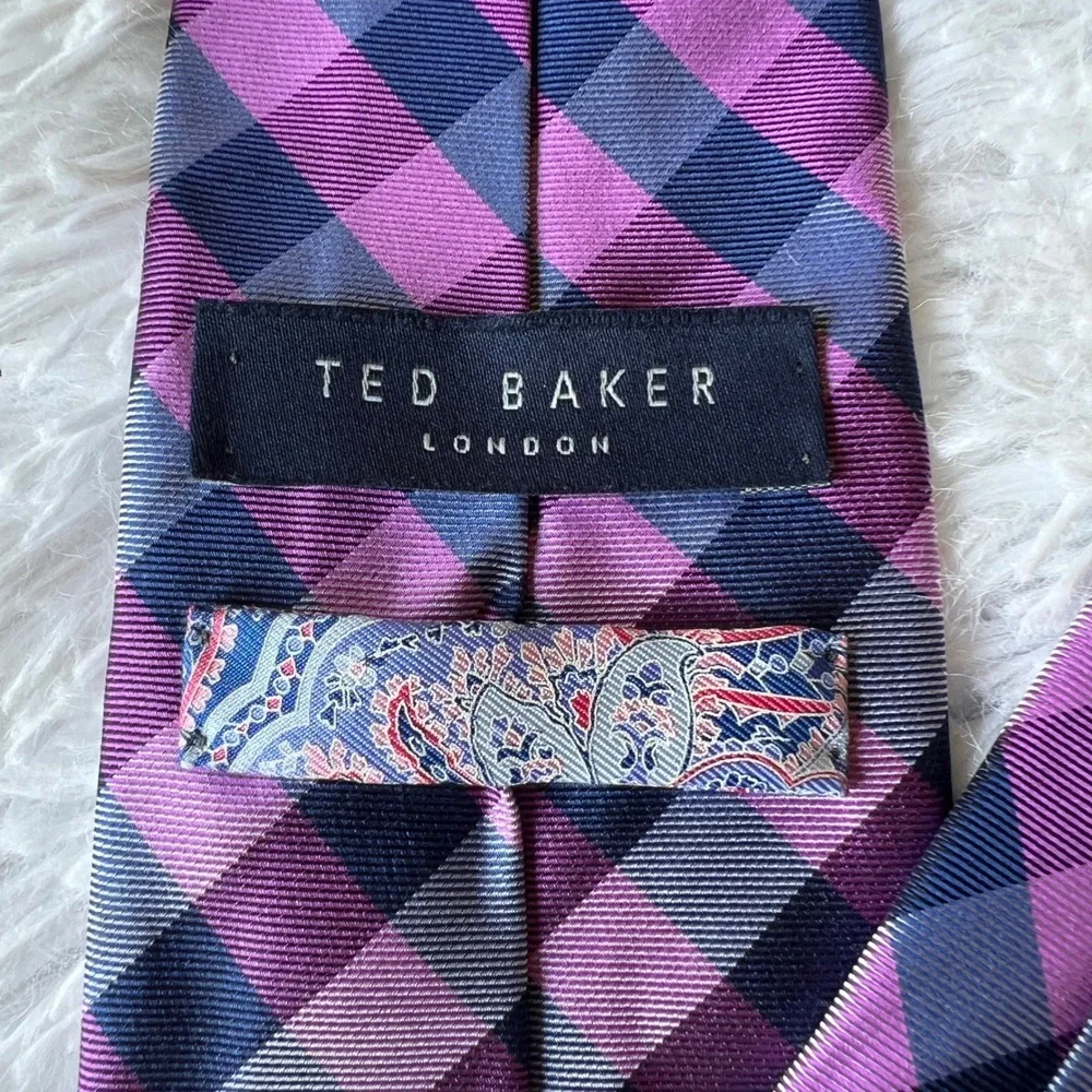 Ted Baker Plaid Checks Tie Purple Pink Navy 100% Silk Made in the USA 3.25
